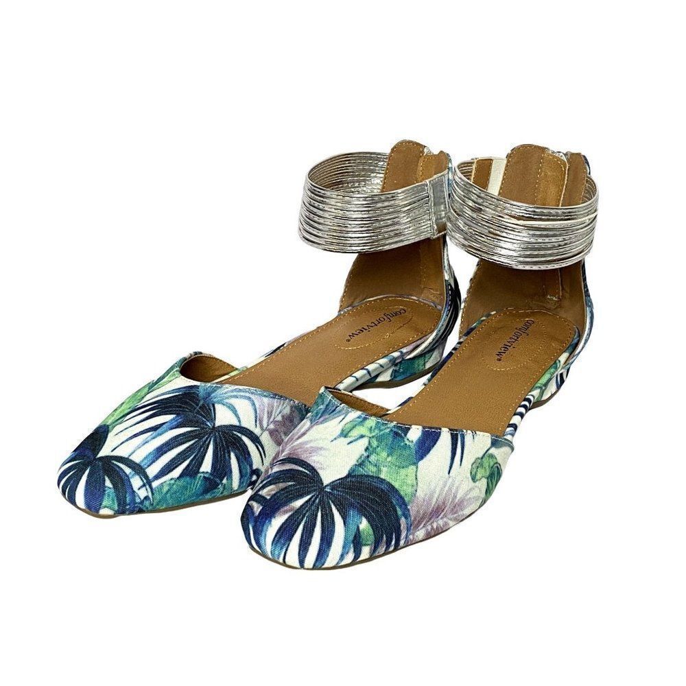 Comfortview Aylin Leaf Print Canvas Flats  Sz 7.5M Silver Elastic Ankle Wrap NEW